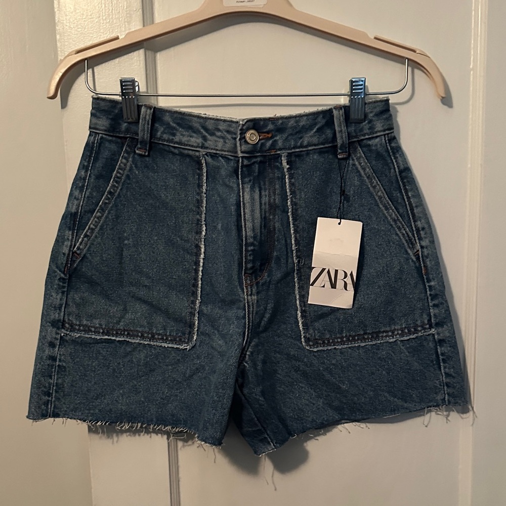 ZARA Dark Blue High-Rise Denim Shorts with Patch Pockets